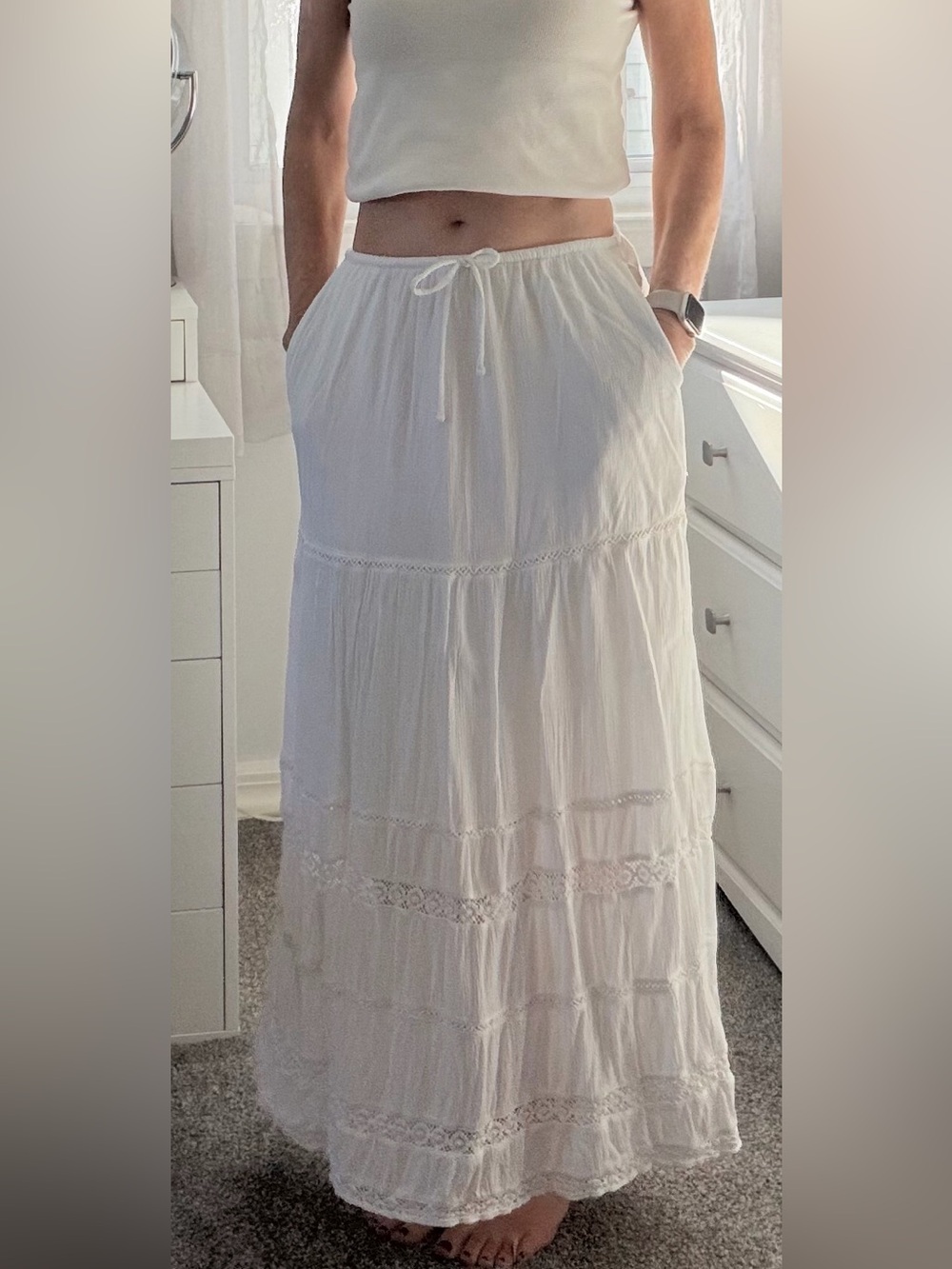 Hollister White Tiered Maxi Skirt with Drawstring